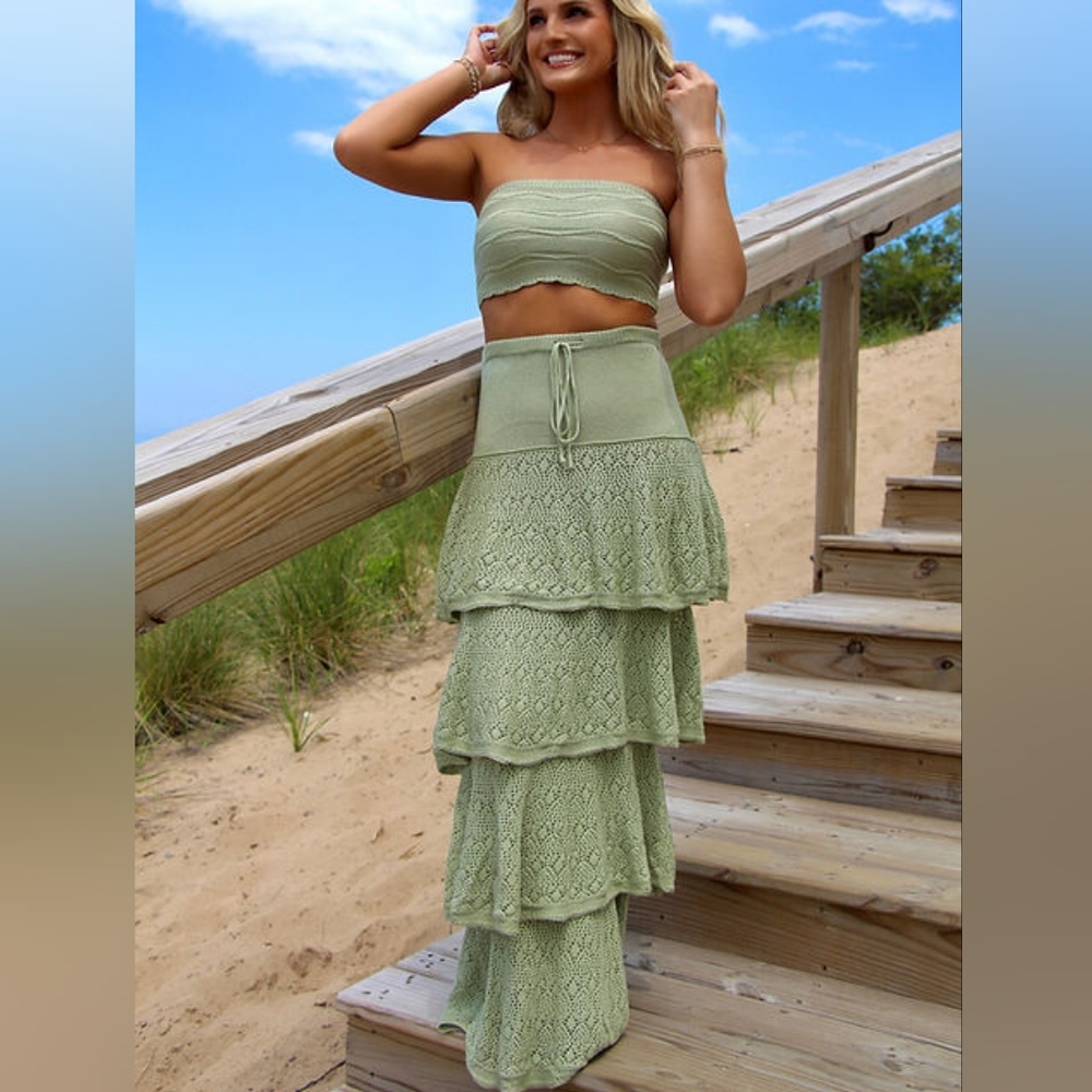 Knit Crochet Bandeau Top and Ruffle Maxi Skirt Set -Sage